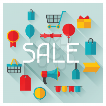 Background with sale and shopping icons in flat design style.