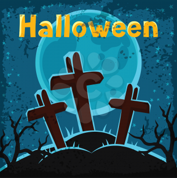 Happy halloween greeting card with cemetery and graves.