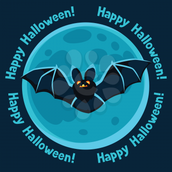Happy halloween greeting card with moon and flying bat.