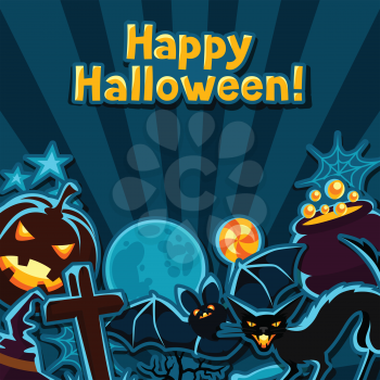 Happy halloween greeting card with stickers characters and objects.