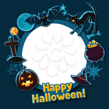 Happy halloween greeting card with stickers characters and objects.