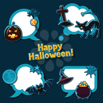 Happy halloween speech bubbles with stickers characters and objects.