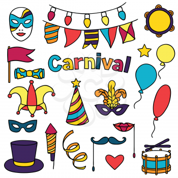 Carnival show set of doodle icons and objects.