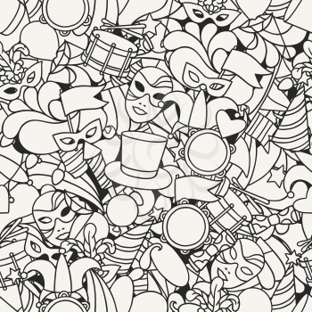 Carnival show seamless pattern with doodle icons and objects.