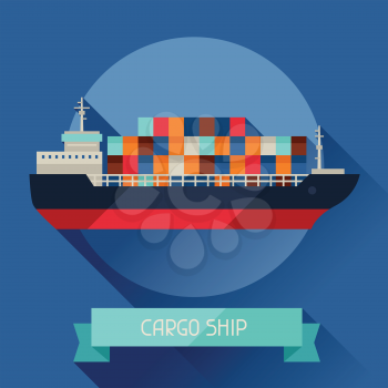 Cargo ship icon on background in flat design style.