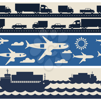 Freight cargo transport icons seamless patterns in flat design style.