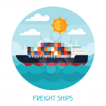 Freight ships transport background in flat design style.