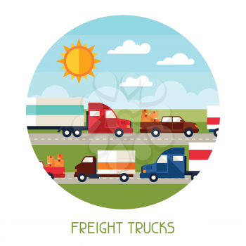 Freight trucks transport background in flat design style.