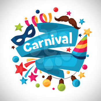 Carnival show and party greeting card with celebration objects.