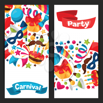 Carnival show and party banners with celebration objects.