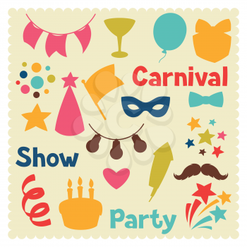 Carnival show and party set of celebration objects.