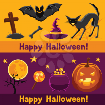 Happy halloween banners with characters and objects.