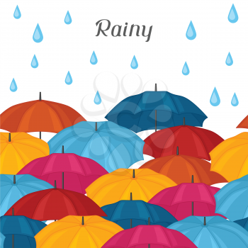 Abstract background with colored umbrellas and rain drops.
