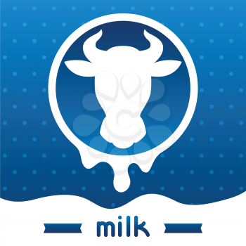 Cow head emblem design on wave of milk background.