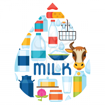 Milk background with dairy products and objects.