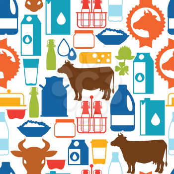 Milk seamless pattern with dairy products and objects.