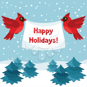 Happy holidays greeting card with birds red cardinal.