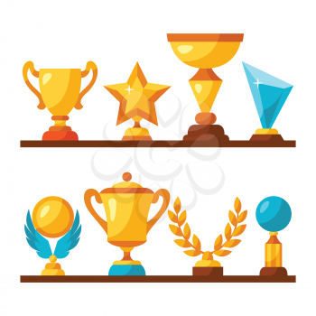 Sport or business trophy award icons set on shelves.