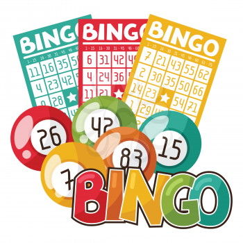 Bingo or lottery game illustration with balls and cards.