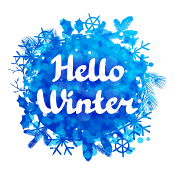 Hello winter abstract background design with snowflakes and snow.