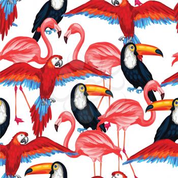 Tropical birds seamless pattern with parrots toucans and flamingos.
