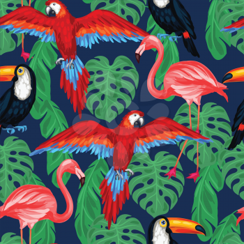 Tropical birds seamless pattern with palm leaves.