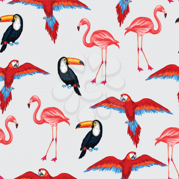 Tropical birds seamless pattern with parrots toucans and flamingos.