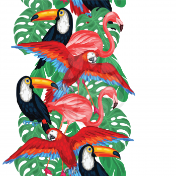 Tropical birds seamless pattern with palm leaves.