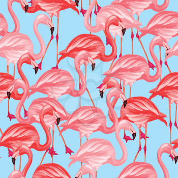 Tropical birds seamless pattern with pink flamingos.