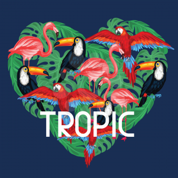 Tropical birds print design with palm leaves.