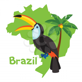 Stylized map of Brazil with toucan and palm tree.