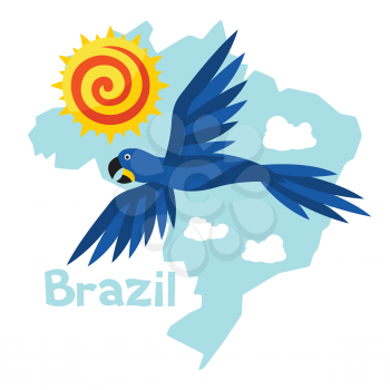 Stylized map of Brazil with sun and macaw parrot.