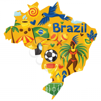 Brazil map with stylized objects and cultural symbols.