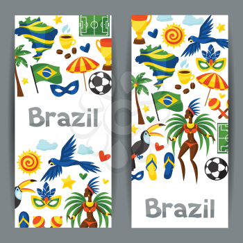 Brazil banners with stylized objects and cultural symbols.