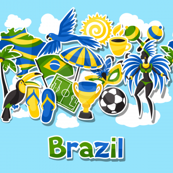 Brazil seamless pattern with sticker objects and cultural symbols.