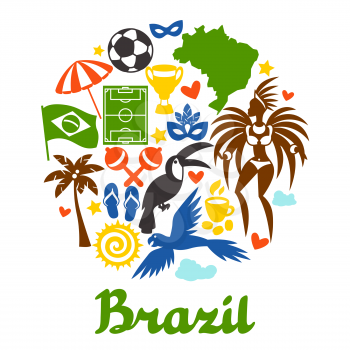 Brazil background with stylized objects and cultural symbols.