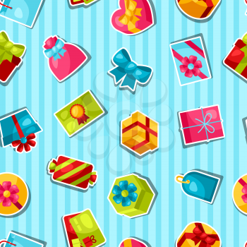 Seamless celebration pattern with colorful sticker gift boxes.