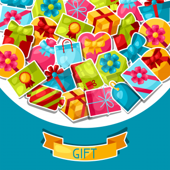 Celebration background or card with colorful sticker gift boxes.