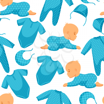 Seamless pattern with child and clothing in blue tones.