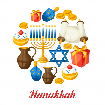 Jewish Hanukkah celebration card with holiday objects.