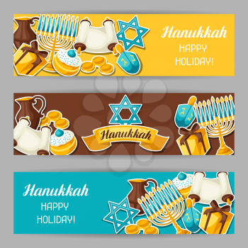 Jewish Hanukkah celebration banners with holiday sticker objects.