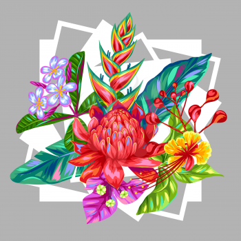 Print with Thailand flowers. Tropical multicolor plants, leaves and buds.