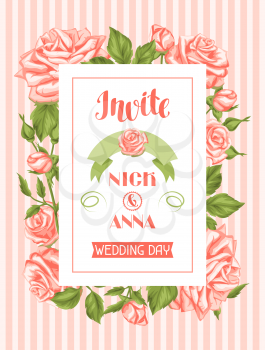 Wedding invitation card template with roses. Calligraphic text and vintage flowers.