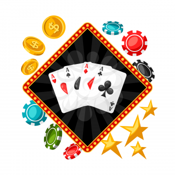 Casino gambling background or flyer with game objects.