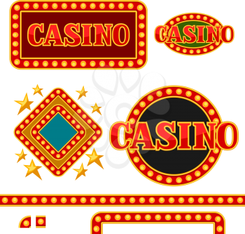 Set of casino signboards and borders with lightbulbs.
