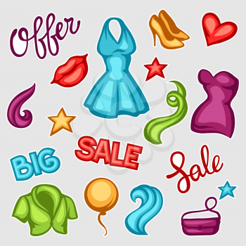 Set of female clothing and accessories. Big sale tags.