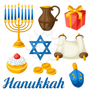 Set of Jewish Hanukkah celebration objects and icons.