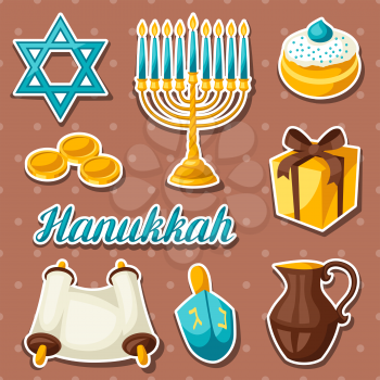 Set of Jewish Hanukkah celebration sticker objects and icons.