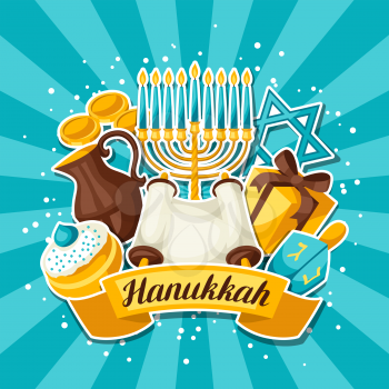 Jewish Hanukkah celebration card with holiday sticker objects.