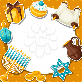 Jewish Hanukkah celebration card with holiday sticker objects.